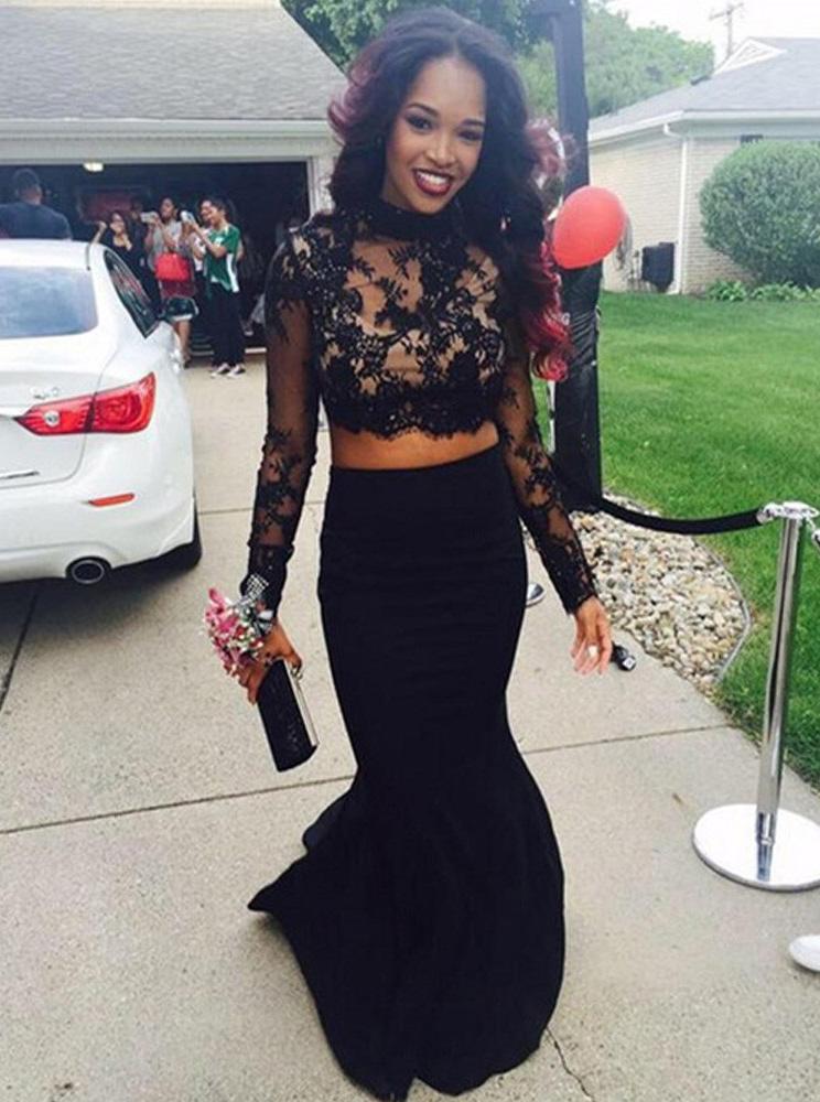 black satin mermaid long sleeves two piece prom dress with lace appliques