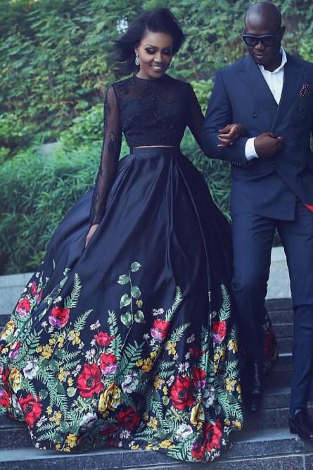 Blue floral two piece prom dress outlet