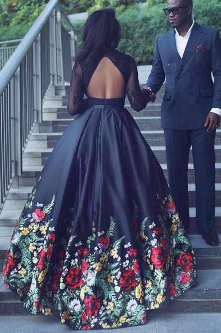 black two piece lace long sleeves floral prom dress keyhole back