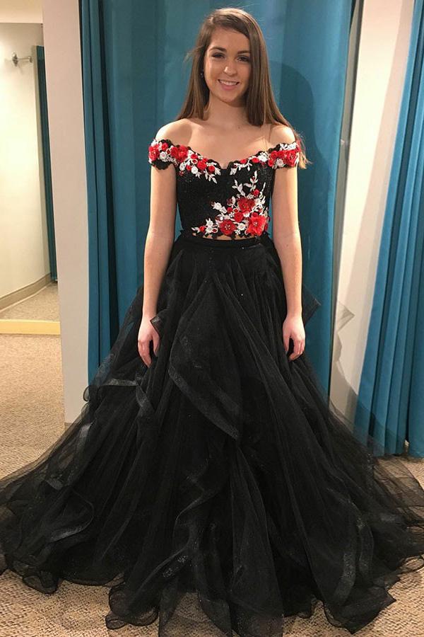 black two piece off the shoulder appliques top prom dresses with tulle layered mp738