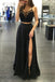 black two piece prom dress a line spaghetti straps evening dress with split