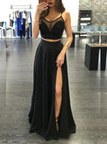 black two piece prom dress a line spaghetti straps evening dress with split mp915