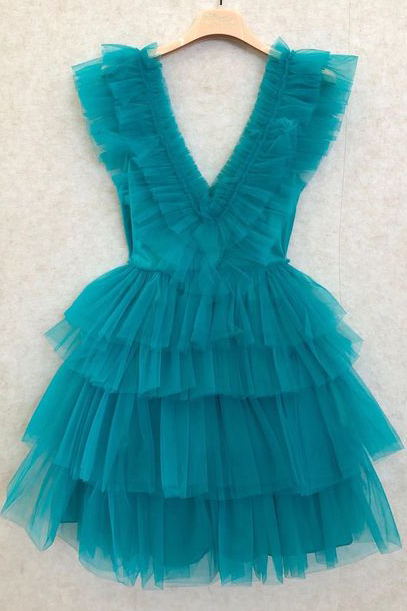 Plunging V-Neckline Tiered Blue Mini Puffy Party Dress, Tulle Homecoming Dress GM517