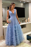 blue a line v neck long tulle layered prom party dress elegant formal gown