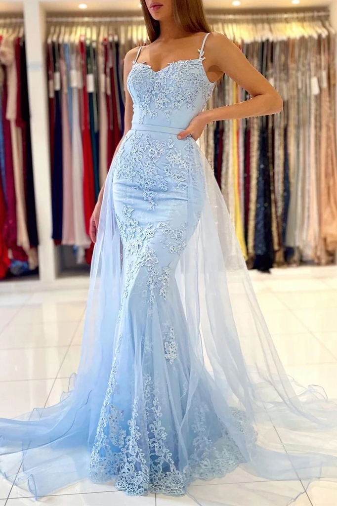 baby blue lace mermaid long prom dresses with overskirt train