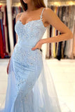 baby blue lace mermaid long prom dresses with overskirt train