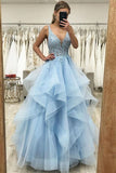 Blue Lace Princess Long Prom Dress, Tulle Tiered Sweet 16 Dress GP282