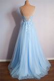 sky blue tulle a line v neck lace long prom dresses graduation evening dress