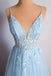 sky blue tulle a line v neck lace long prom dresses graduation evening dress