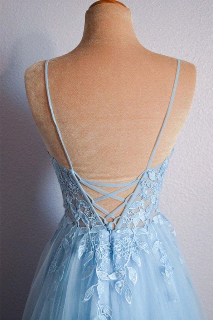 sky blue tulle a line v neck lace long prom dresses graduation evening dress