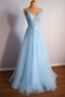 Sky Blue Tulle A Line V Neck Lace Long Prom Dresses, Graduation Evening Dress GP541