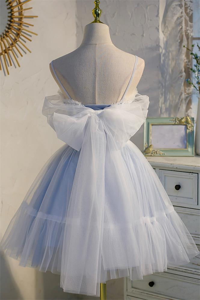 blue tulle lace short sweet 16 dress princess homecoming dress with bowknot