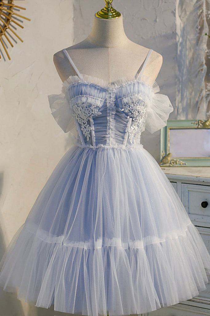 blue tulle lace short sweet 16 dress princess homecoming dress with bowknot