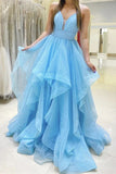 baby blue v neck long prom dresses a line sleeveless sweet 16 gown