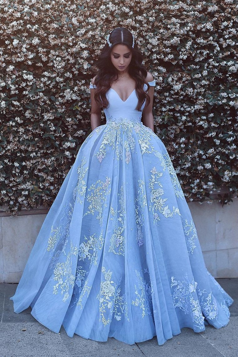 blue long prom dress off the shoulder tulle ball gown with appliques mp842