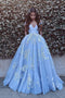 Sky Blue Long Prom Dress Off The Shoulder Ball Gown With Appliques MP842
