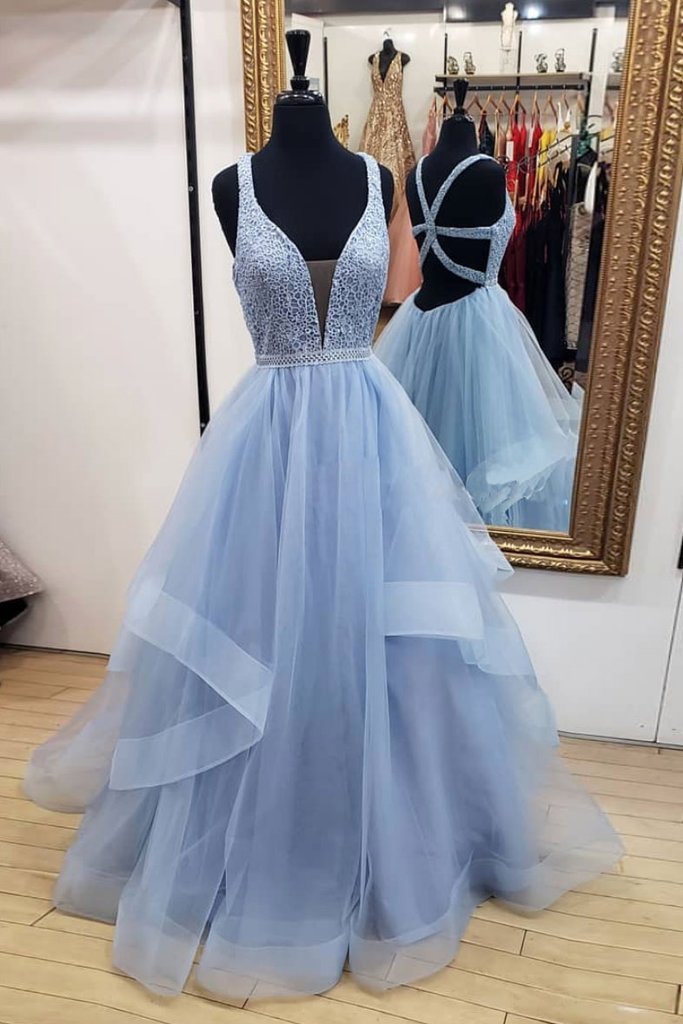 blue long prom dresses deep v neck tulle party dresses