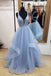 blue long prom dresses deep v neck tulle party dresses