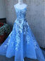 Blue Spaghetti-Straps Tulle Lace Long Prom Dress With Appliques MP859