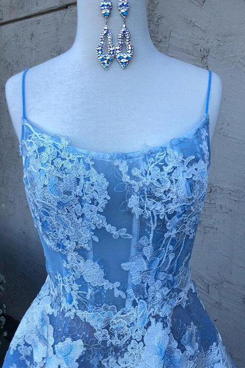 blue spaghetti straps tulle lace long prom dress with appliques