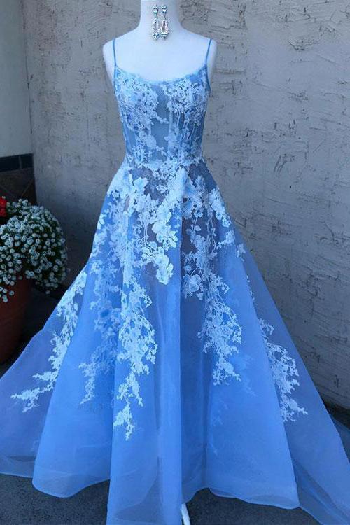 blue spaghetti straps tulle lace long prom dress with appliques