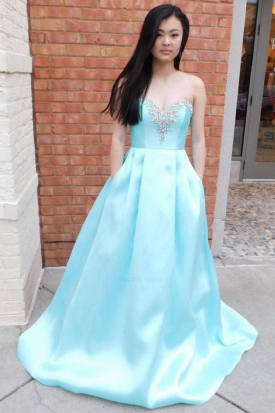 blue sweetheart beading long prom dress sweep train with pockets