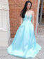 Blue Sweetheart Beading Long Prom Dress Sweep Train With Pockets MP841