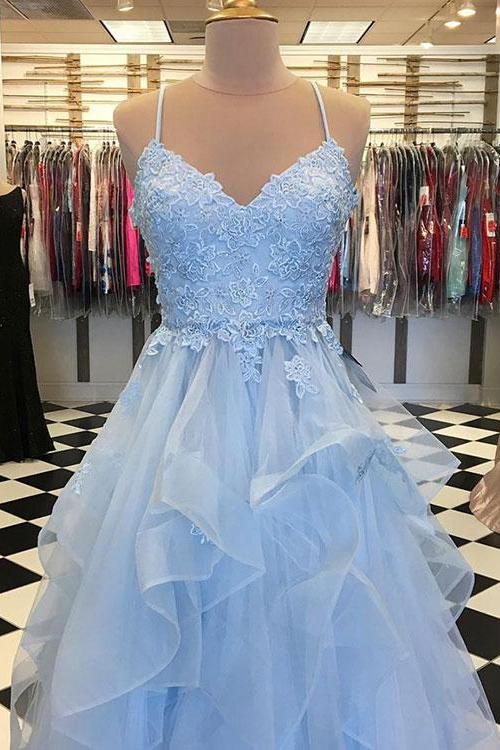 blue tulle long prom dress layered 8th graduation gown
