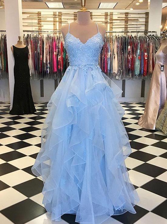 blue tulle long prom dress layered 8th graduation gown mp812