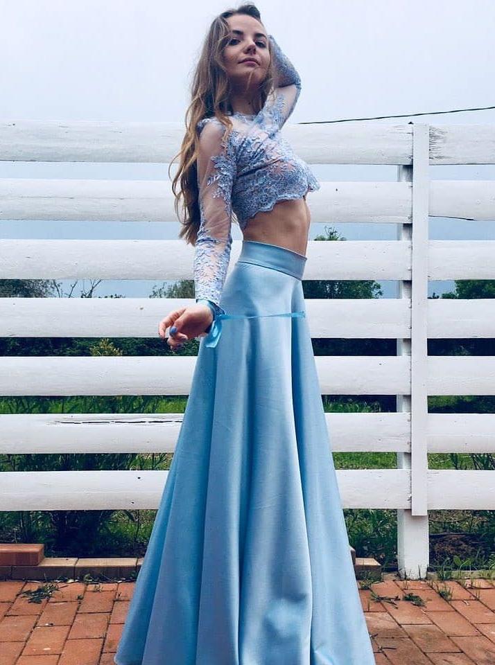 blue two piece prom dress lace long sleeves a line party gown