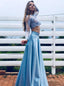 Blue Two Piece Prom Dress Lace Long Sleeves A Line Party Gown MP827