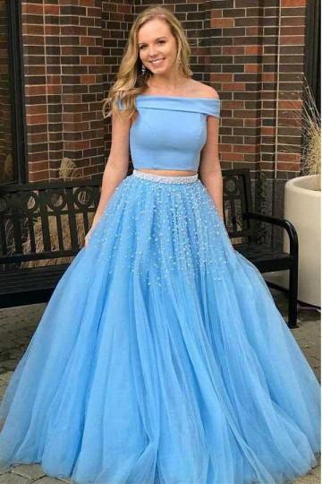 sky blue two piece tulle long prom dress off shoulder beading formal gown