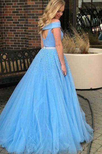blue two piece tulle long prom dress a line off shoulder with beading mp914