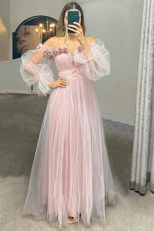 blush pink off shoulder puffy sleeves tulle princess long prom dress