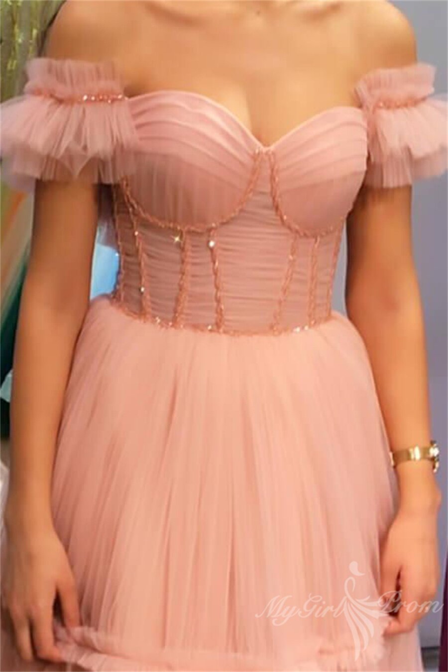 Blush Pink Tiered Tulle Corset Long Prom Dress Sleeveless Party Gown With Beaded GP492