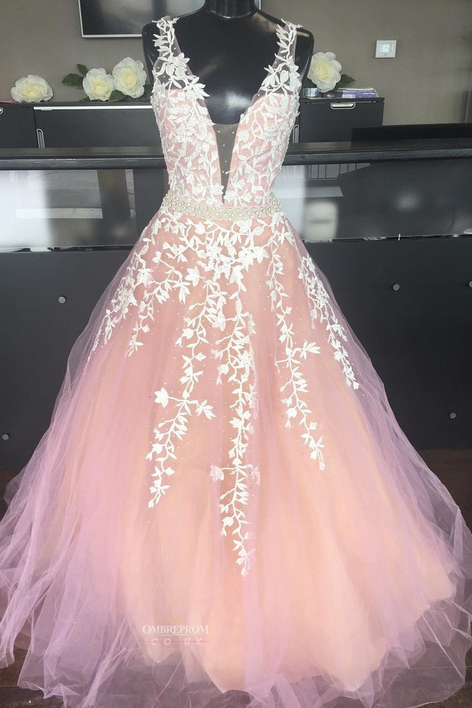blush pink long party dress v neck applique prom wedding dress
