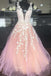 blush pink long party dress v neck applique prom wedding dress