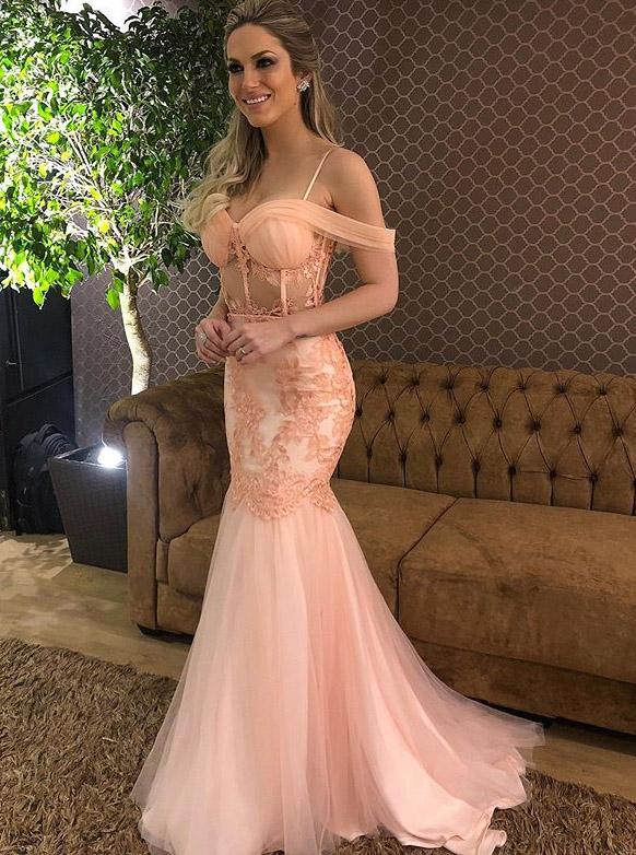 spring blush mermaid spaghetti prom dress drop sleeves party gown mp832