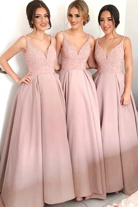 blush pink sequins bodice bridesmaid dresses satin a line v neck pb151