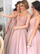 blush pink sequins bodice bridesmaid dresses satin a line v neck