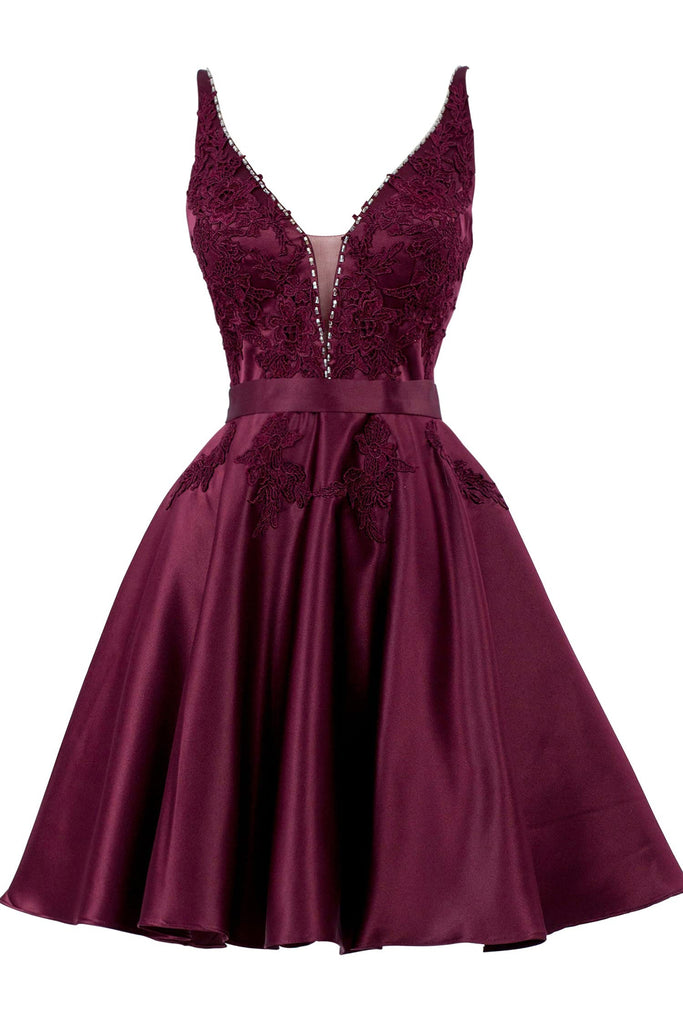 sleeveless v neck a line lace appliques short homecoming dresses satin short graduation gown