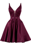 Sleeveless V Neck A Line Lace Appliques Short Homecoming Dresses Satin Short Graduation Gown GM545