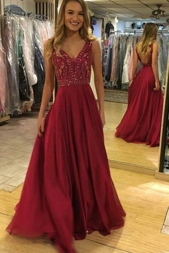 burgundy a line v neck chiffon long prom dress with sequins