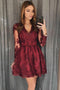 Burgundy Lace Homecoming Dresses, Long Sleeves Short Prom Dress GM449