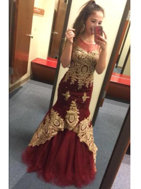 burgundy gold applique mermaid graduation party pageant dresses