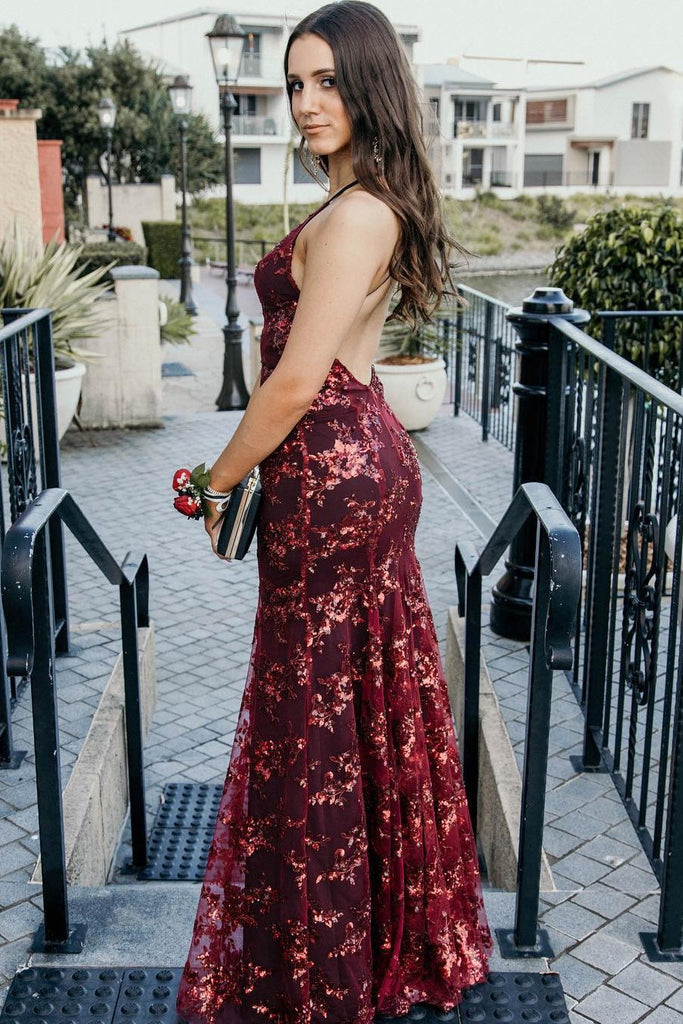 mermaid burgundy backless prom dress lace sequins long evening gown