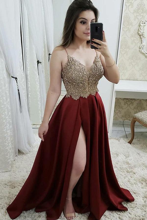 burgundy long prom dress a line spaghetti straps slit evening dress