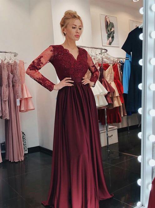 a line v neck lace long sleeves burgundy prom dress with appliques