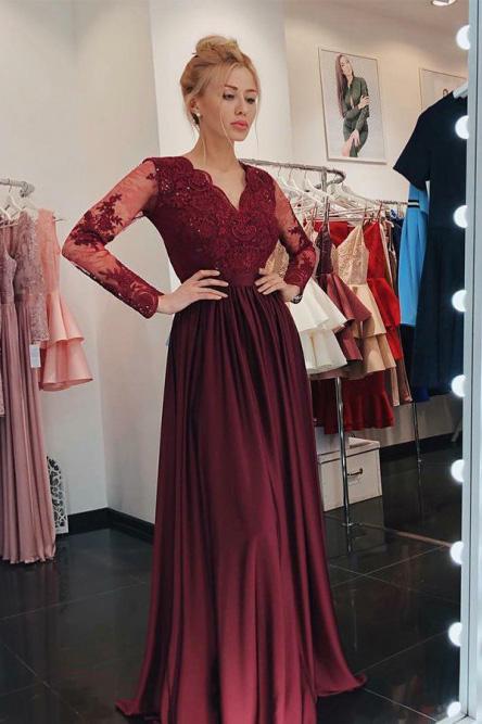 a line v neck lace long sleeves burgundy prom dress with appliques