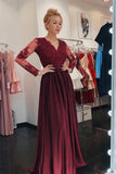 A-Line V-Neck Lace Long Sleeves Burgundy Prom Dress with Appliques MP1176